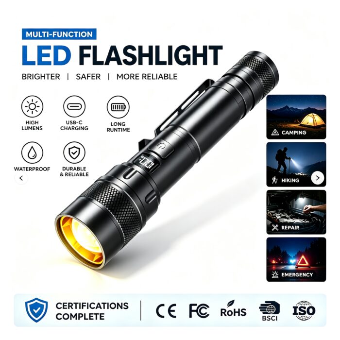 Factory Hot Selling High Lumen Aluminum Alloy LED Flashlight with Strong Rechargeable IP44 Waterproof Camping Emergency Light