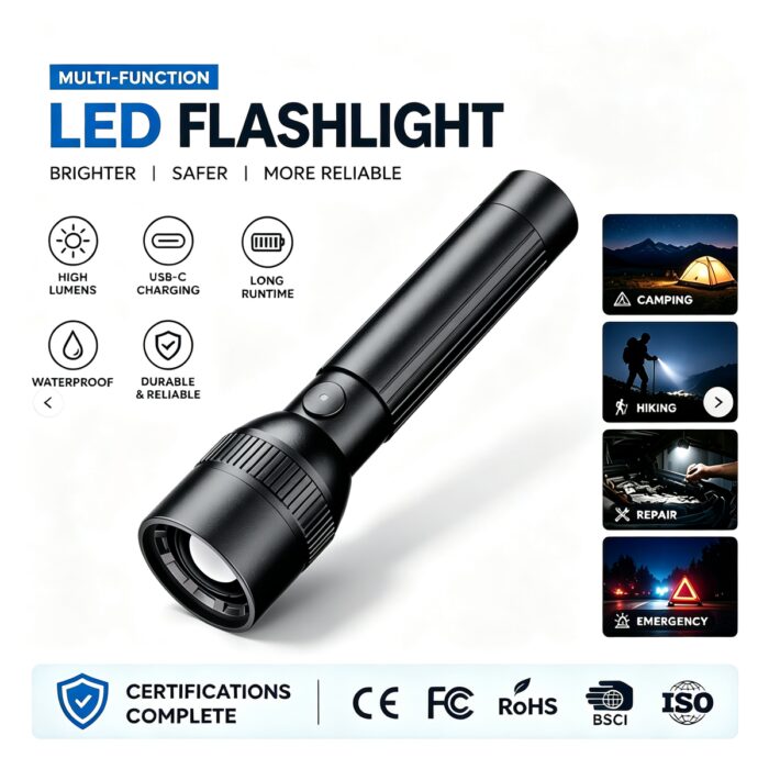 Factory Wholesale Industrial Rechargeable Battery IP44 Waterproof Emergency Camping Flashlight 1000+ Lumens LED Strong Light