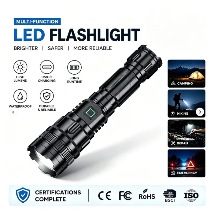 Hot Selling LED Rechargeable IP44 Camping Tactical Strong Light Aluminum Alloy Flashlight P50 Emergency Light 700LM 500-800m