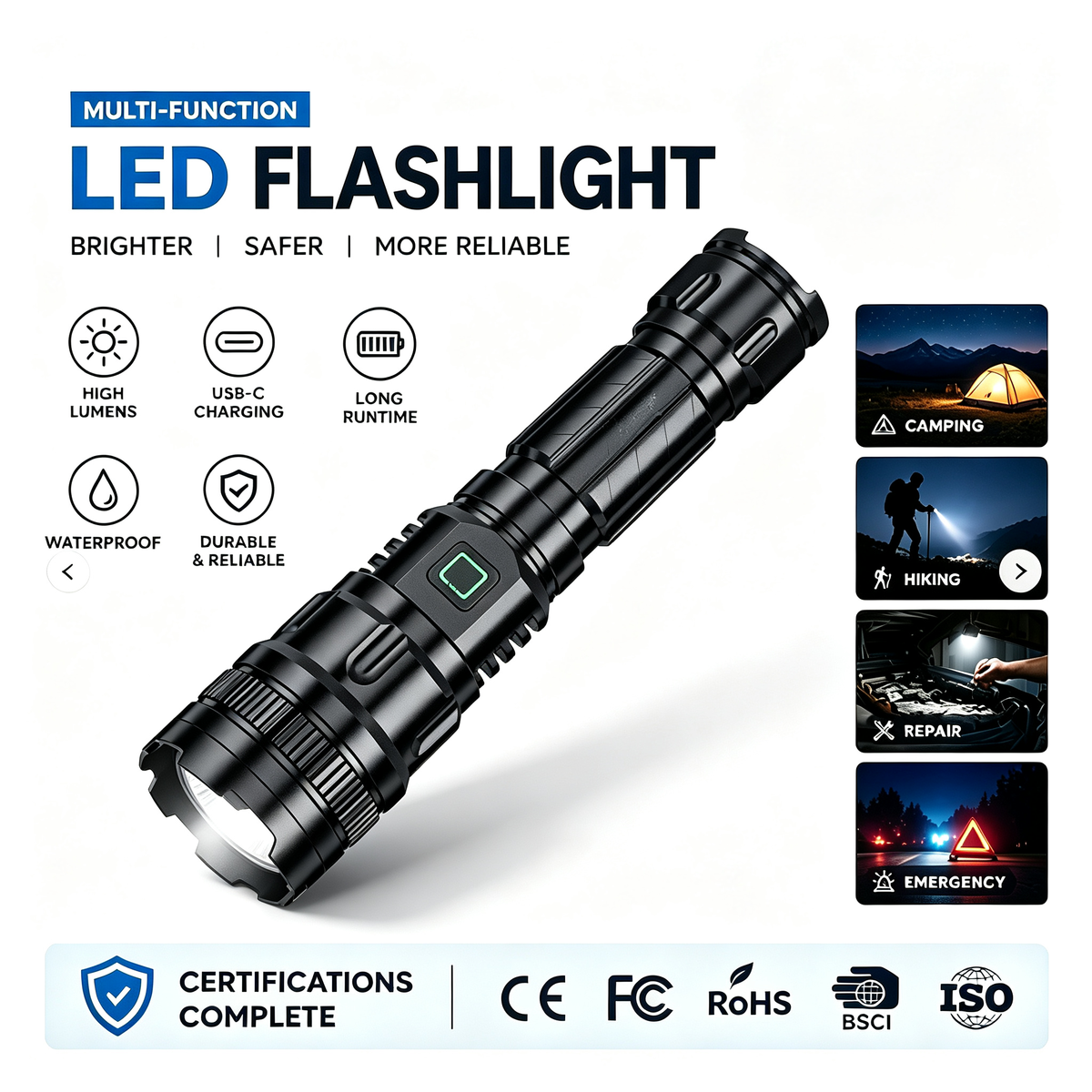 Hot Selling LED Rechargeable IP44 Camping Tactical Strong Light Aluminum Alloy Flashlight P50 Emergency Light 700LM 500-800m