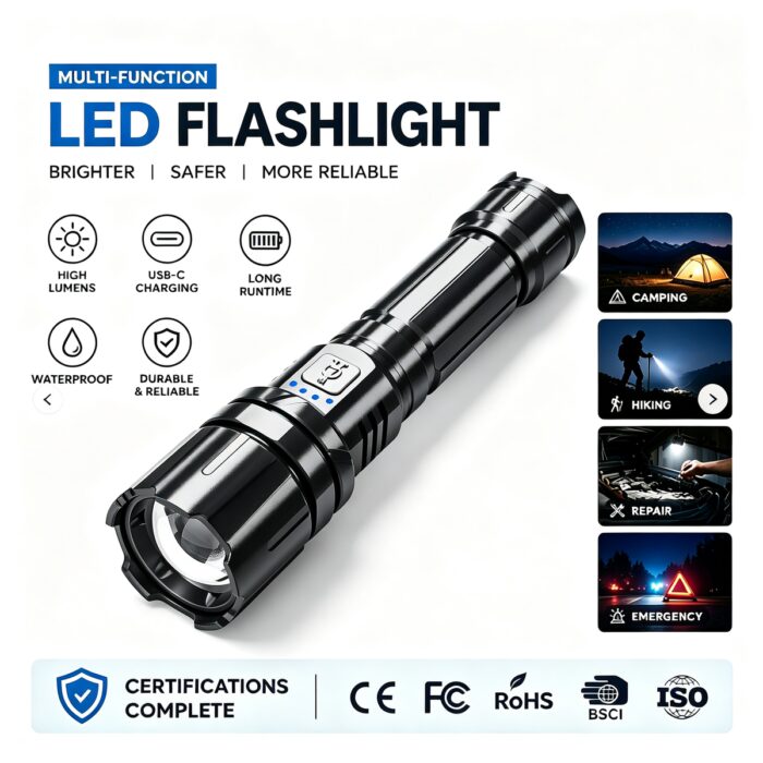 Multifunctional Strong Light Aluminum Alloy USB Rechargeable Emergency Flashlight IP44 Waterproof 900LM High Lumen for Sports