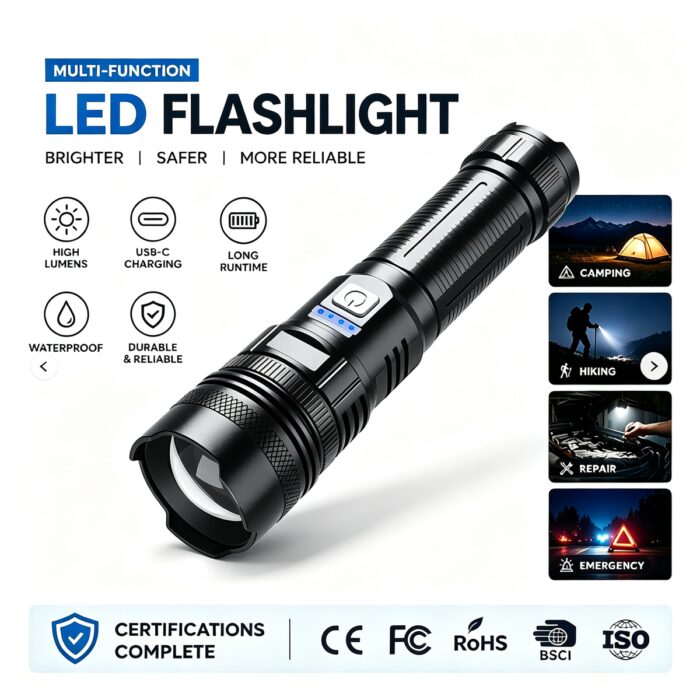 Manufacturer's Hot Selling High-Power Aluminum Alloy Flashlight 26650 Battery USB Rechargeable IP44 Outdoor Hiking Camping