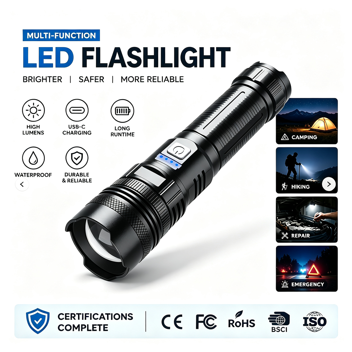 Manufacturer's Hot Selling High-Power Aluminum Alloy Flashlight 26650 Battery USB Rechargeable IP44 Outdoor Hiking Camping