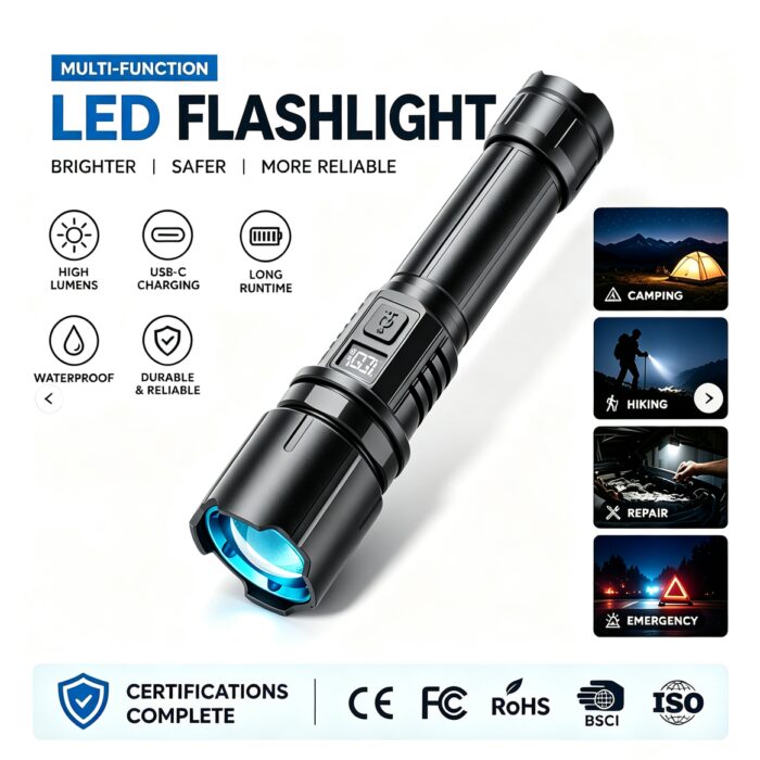 Factory Wholesale Aluminum Alloy LED Strong Light Flashlight Rechargeable IP44 Waterproof Emergency Camping Light