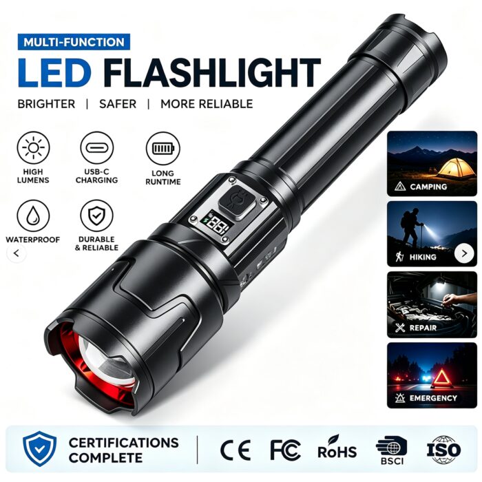 Aluminum Alloy Strong Light Flashlight Rechargeable USB Charging Adjustable Focus IP44 Rated for Mountain Climbing Camping