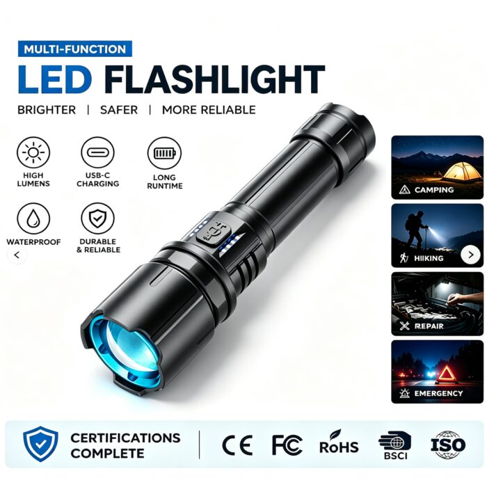 Factory Wholesale Aluminum Alloy LED Rechargeable Emergency Flashlight with High Lumen 300-500M Beam Distance for Mountaineering