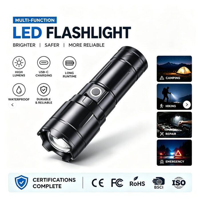 Factory Hot Selling Outdoor Camping Emergency Flashlights Aluminum Alloy IPX4 Waterproof 900LM Strong Light Rechargeable