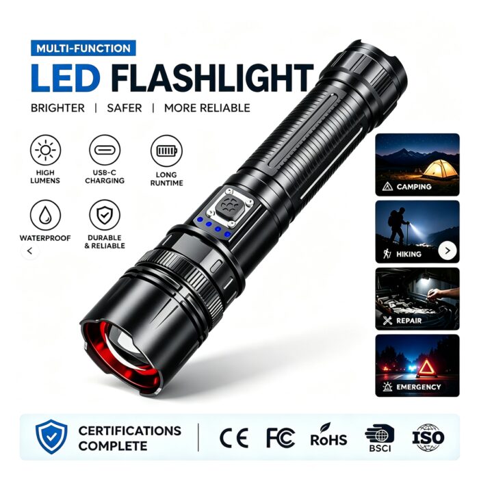 Factory Wholesale Aluminum Alloy Outdoor Camping Super Bright Flashlight Portable Rechargeable Emergency Searchlight IP44