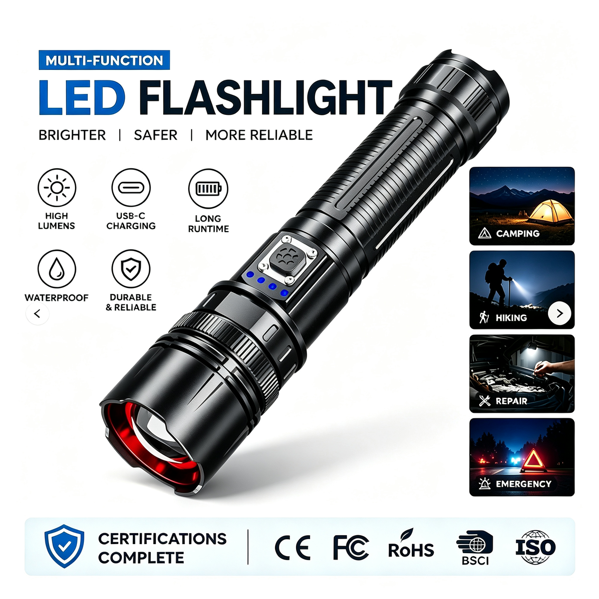 Factory Wholesale Aluminum Alloy Outdoor Camping Super Bright Flashlight Portable Rechargeable Emergency Searchlight IP44