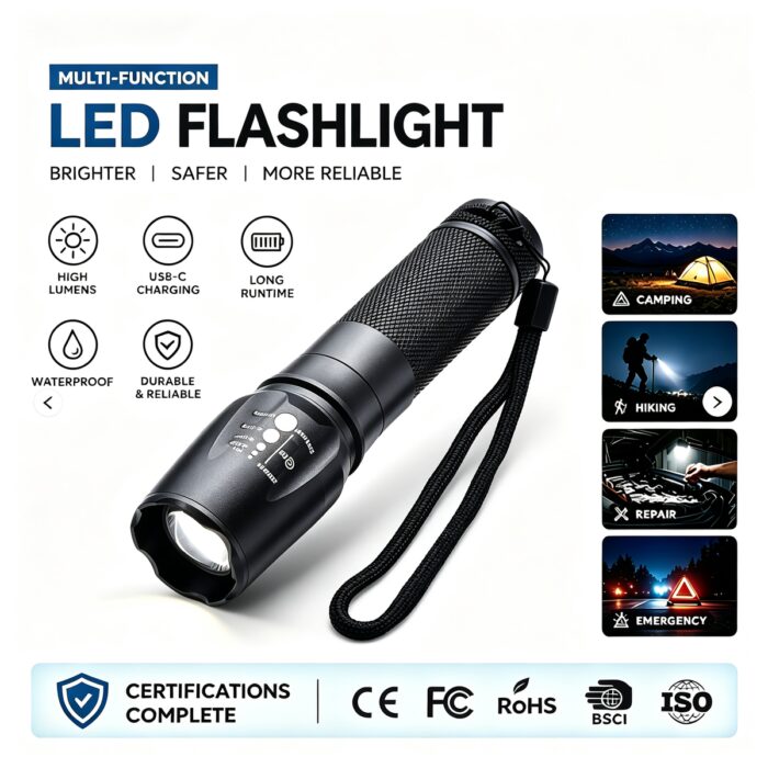 Powerful T6 LED Zoom Flashlight Super Bright Aluminum Alloy Portable USB Rechargeable IP55 Rated 1000+ Lumens Blacklight
