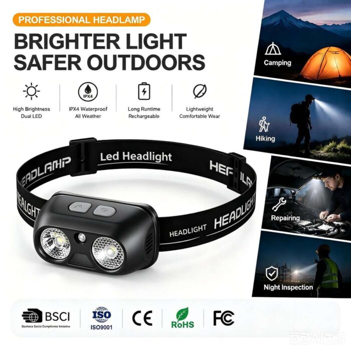 Factory Direct Sale ABS LED Headlamp-Ultra-Bright Rechargeable Emergency Head Light for Camping Night Fishing 100-200m Range